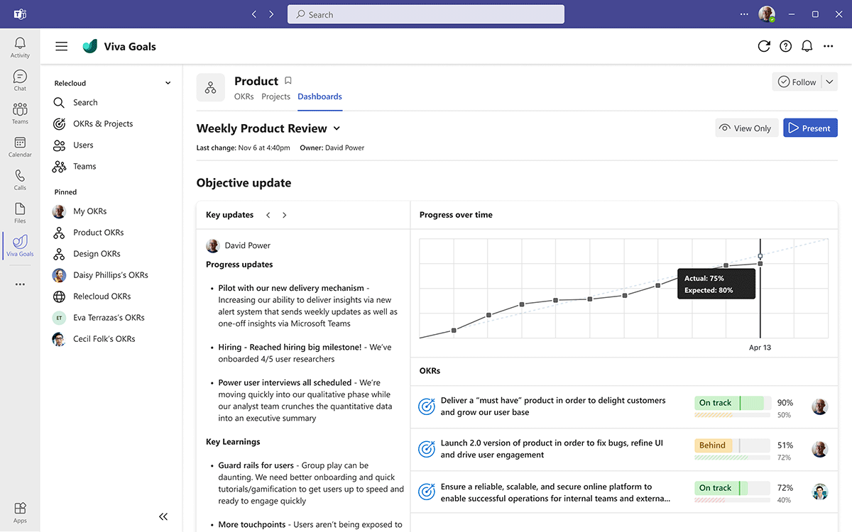 Viva-목표-스크린샷 Screenshot of Microsoft Viva Goals